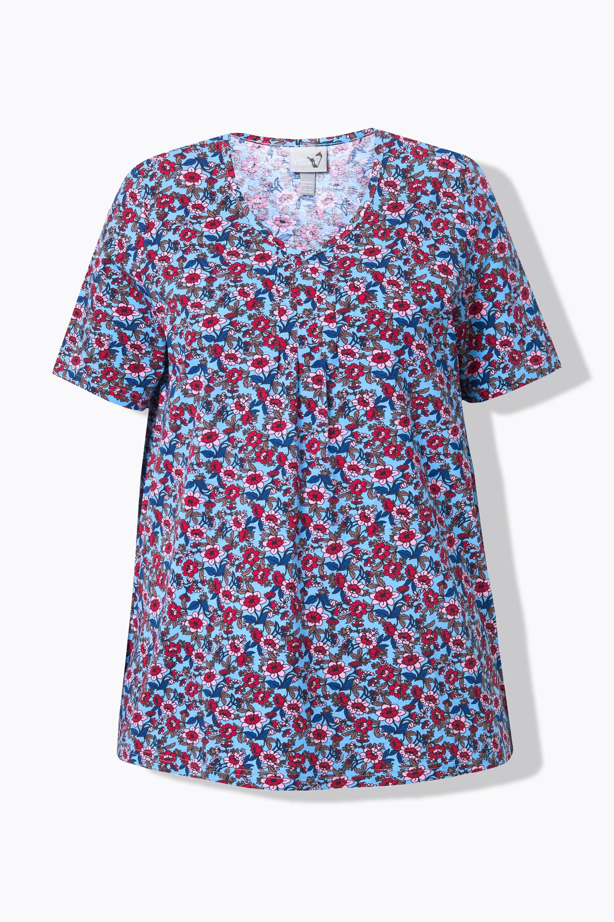 Ulla Popken  T-shirt à fleurs, col en V et manches courtes, coupe évasée 