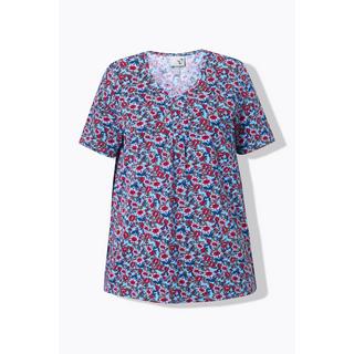 Ulla Popken  T-shirt à fleurs, col en V et manches courtes, coupe évasée 