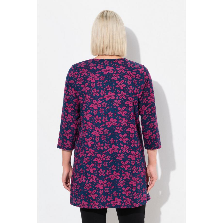 Ulla Popken Maglia lunga floreale taglio svasato scollo a V maniche 3/4  