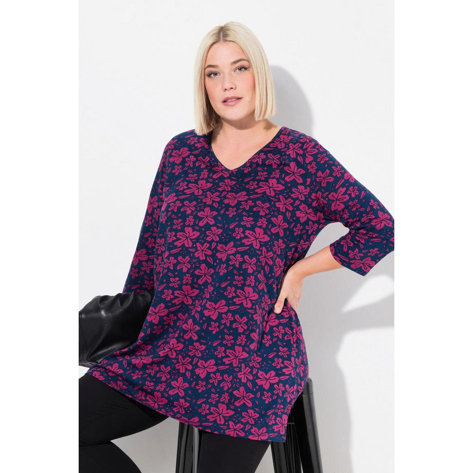 Ulla Popken Maglia lunga floreale taglio svasato scollo a V maniche 3/4  