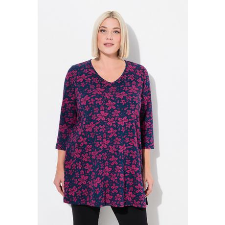 Ulla Popken  Maglia dal taglio lungo e svasato con fiori, scollo a V e maniche a 3/4 