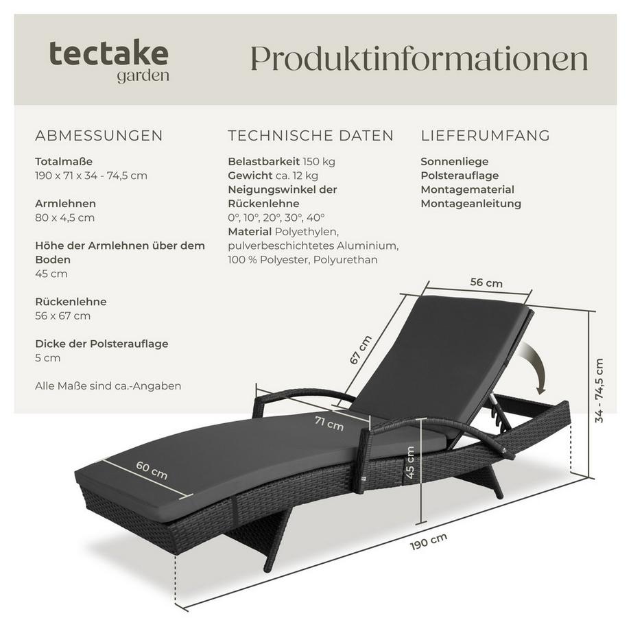 Tectake Aluminium Rattan Sonnenliege Océane wetterfest und UV-beständig 5-fach verstellbare Rückenlehne  