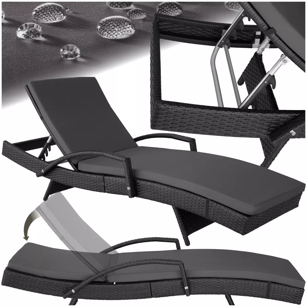 tectake® Aluminium Rattan Sonnenliege, wetterfest und UV-beständig, abnehmbare Polsterauflage, 190 x 71 x 34 – 74,5 cm