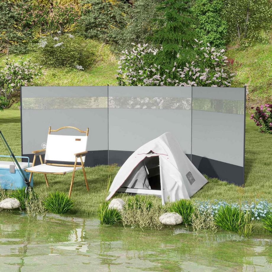 Northio  Windschutz faltbar Camping Sichtschutz mit Lichtquellenfenster Heringen Seilen Windfang Zaun Strandwindschutz Strandschutz für Camping Garten, Strand, Terrasse 440 x 140 cm Grau Aosom 