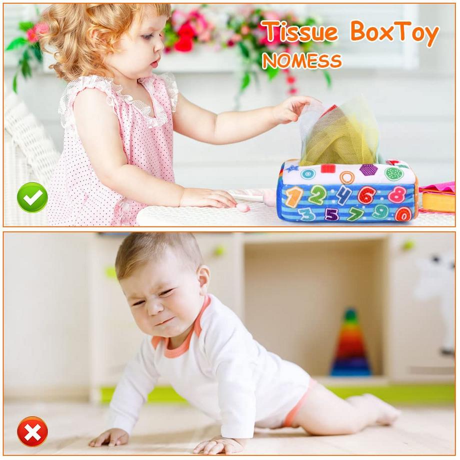 Activity-board  Boîte à mouchoirs pour bébé,Jouet sensoriel pour bébé,Boîte à mouchoirs avec 6 papiers froissés et 20 foulards en soie colorés 