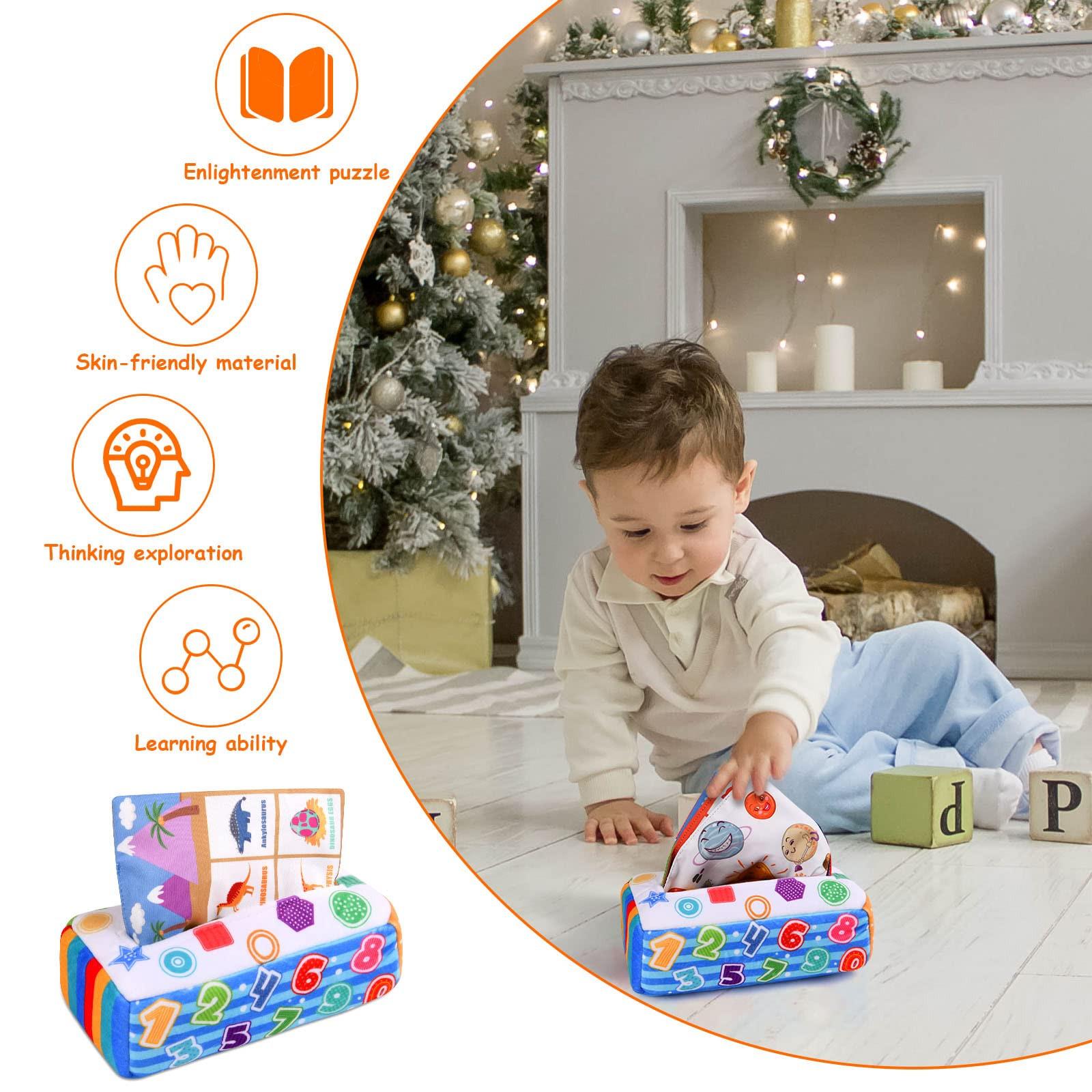 Activity-board  Baby Tissue Box Toy,Baby Toy Sensory Toy Baby,Tissue Box Toy mit 6 Crinkle Paper und 20 bunten Seidentüchern 