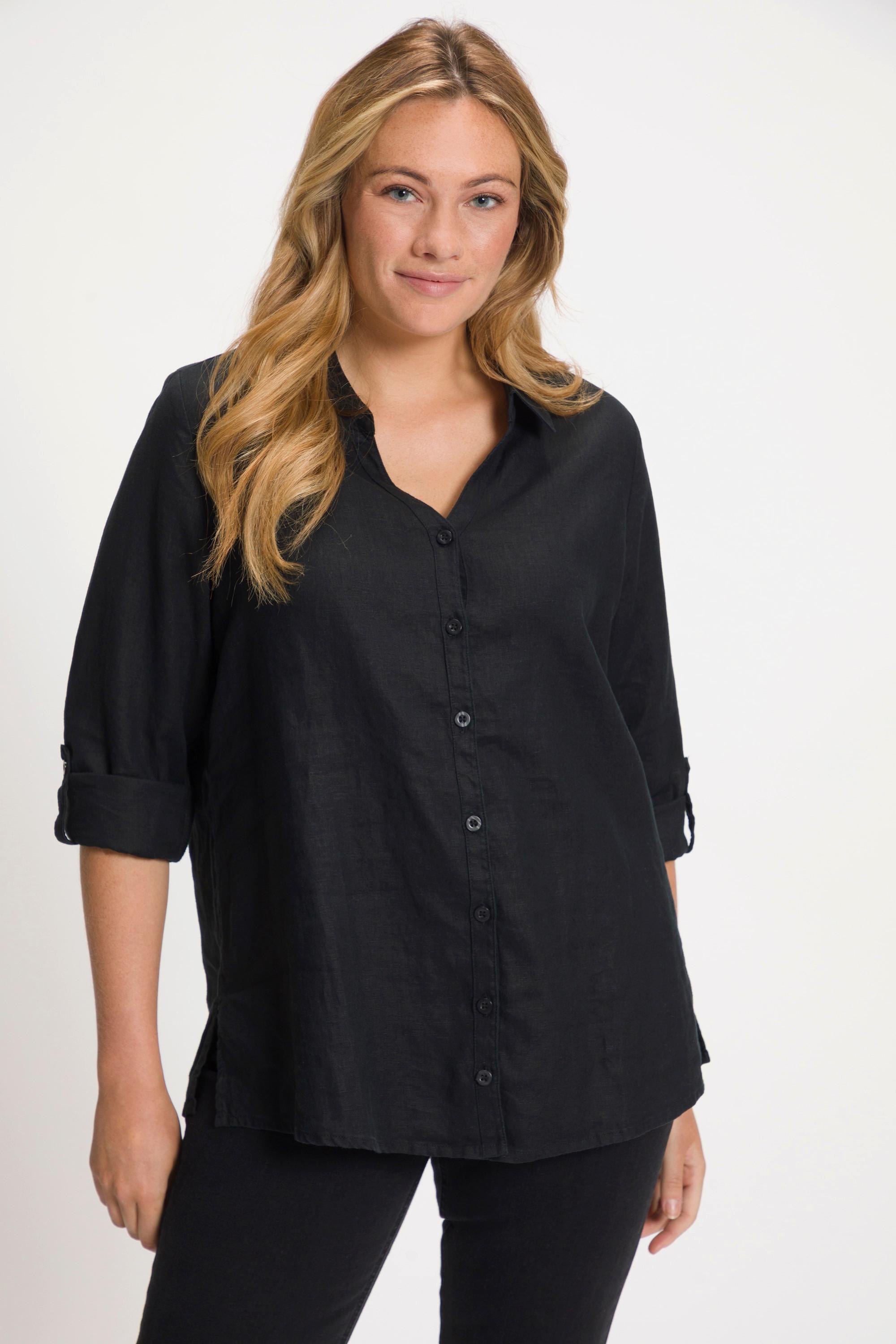 Ulla Popken Blusa in lino a maniche lunghe con colletto aperto  