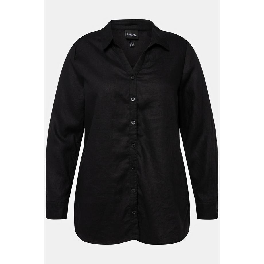Ulla Popken Blusa in lino a maniche lunghe con colletto aperto  