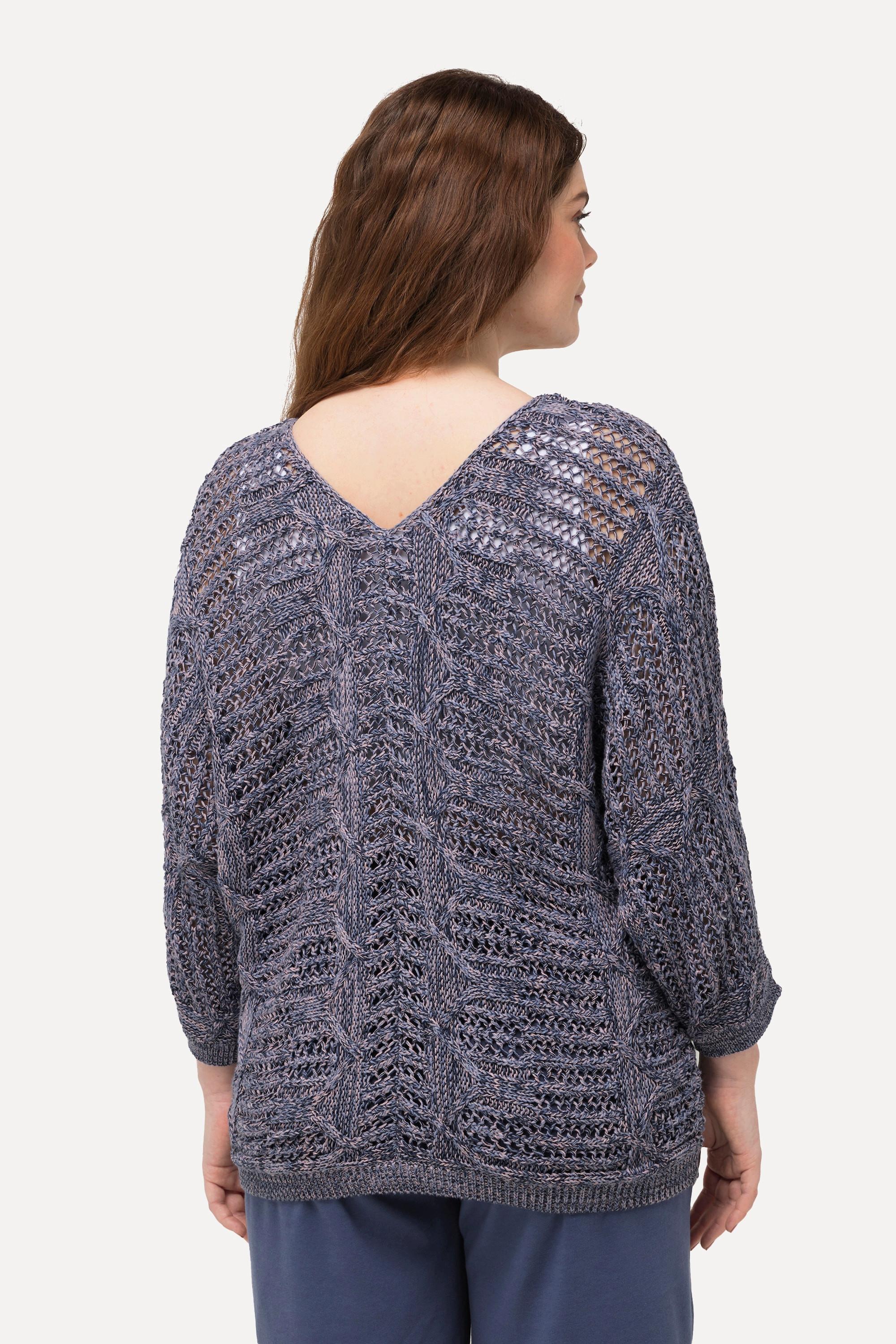 Ulla Popken  Pullover, Ajourmuster, V-Ausschnitt, 3/4-Arm, Biobaumwolle 