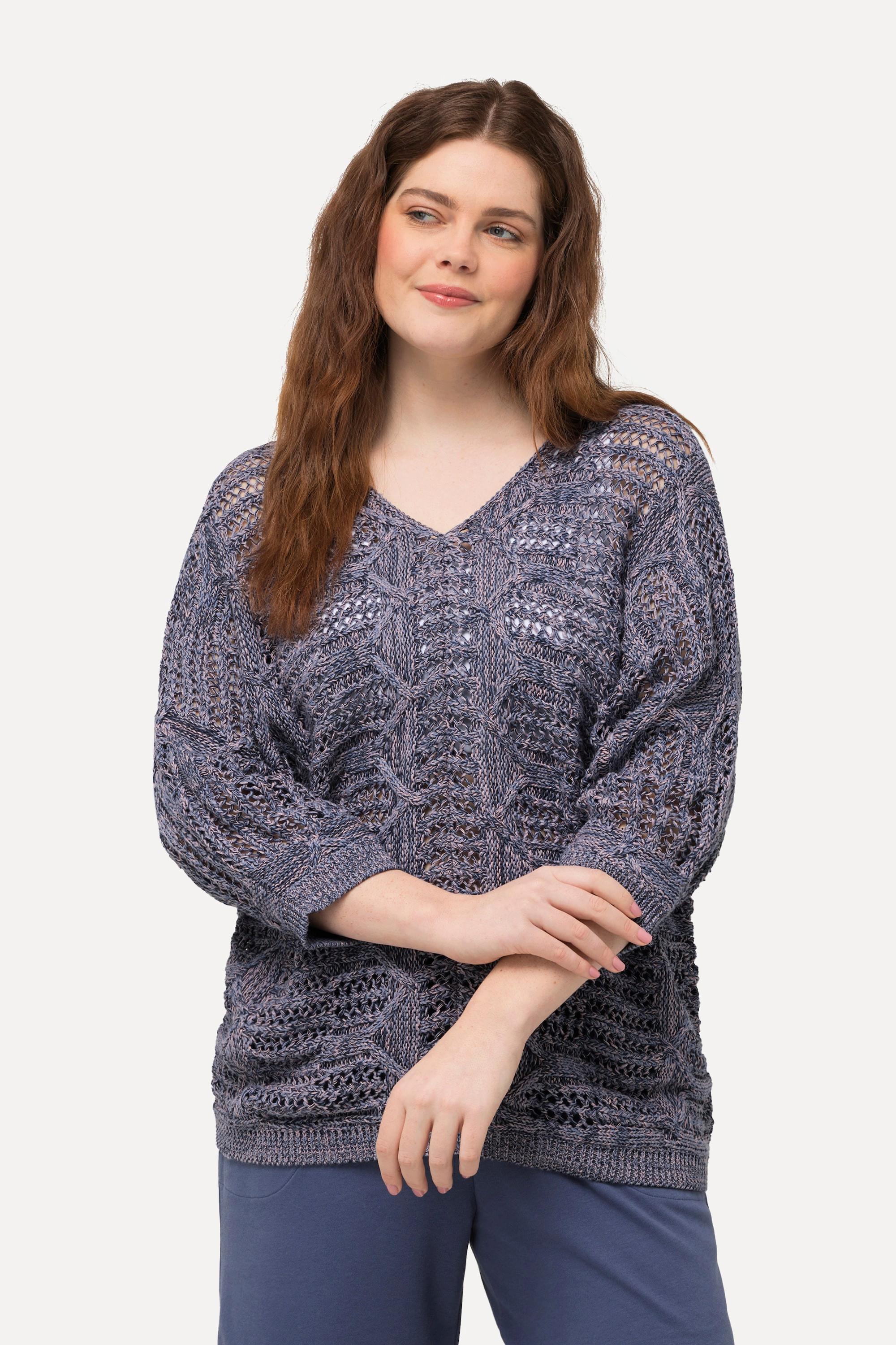 Ulla Popken  Pullover, Ajourmuster, V-Ausschnitt, 3/4-Arm, Biobaumwolle 