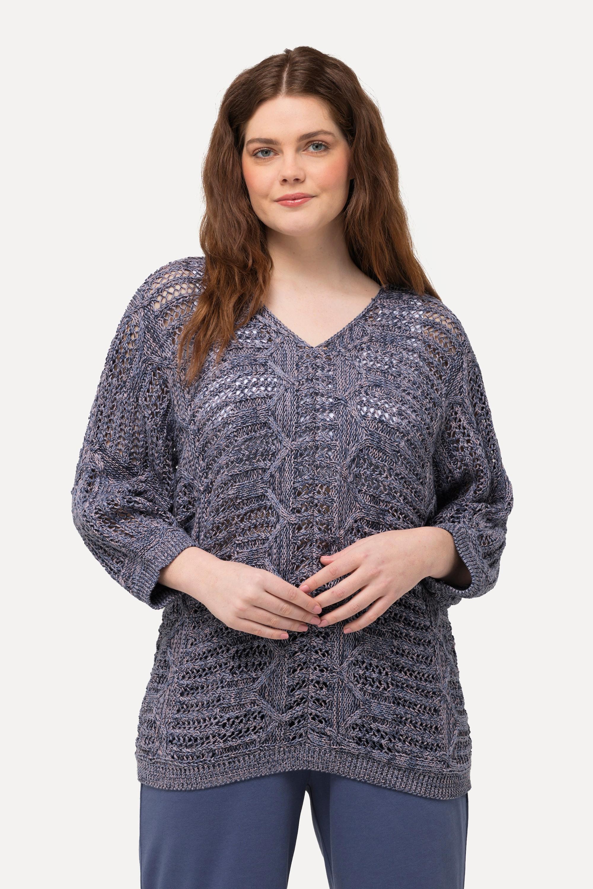 Ulla Popken  Pullover, Ajourmuster, V-Ausschnitt, 3/4-Arm, Biobaumwolle 