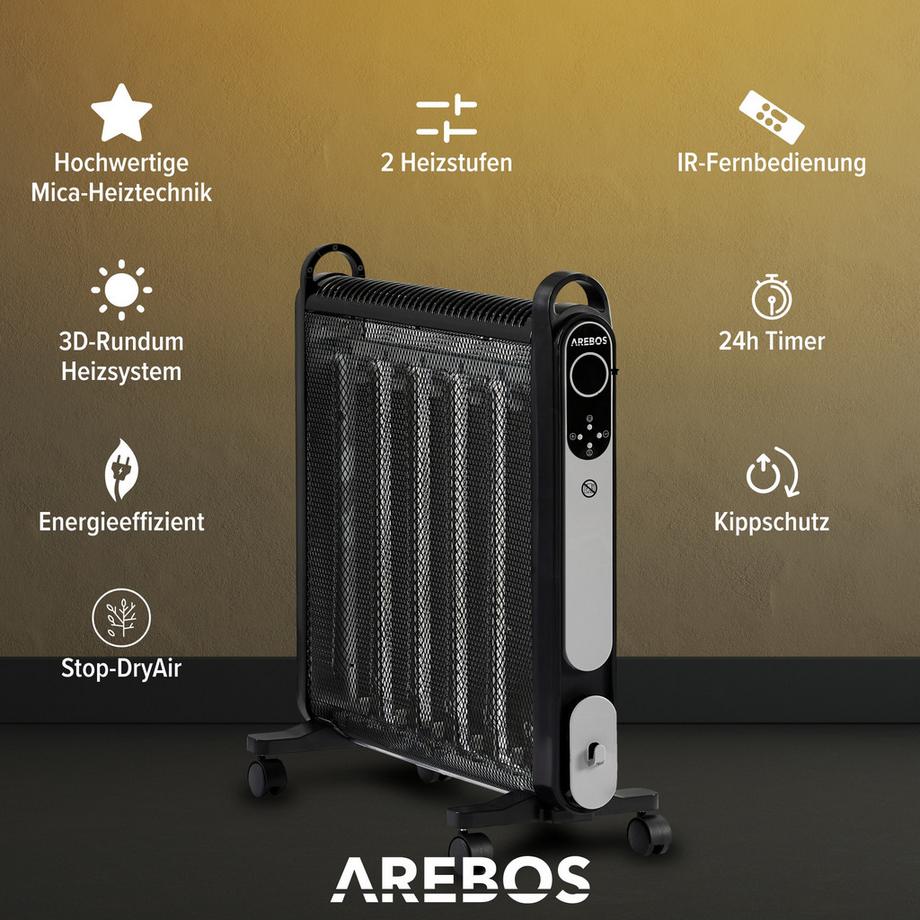 Arebos Riscaldatore Convettore Portatile 2000 W Riscaldatore Elettrico Nero  