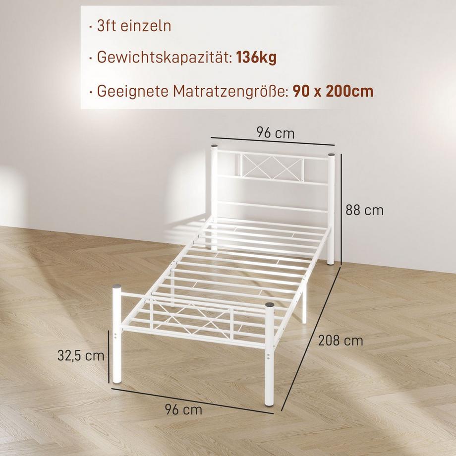 Northio Bettrahmen für Matratze 200 x 90 cm, Bettgestell 88 cm hoch Einzelbettgestell aus Stahl, für Schlafzimmer Gästezimmer, Weiß  