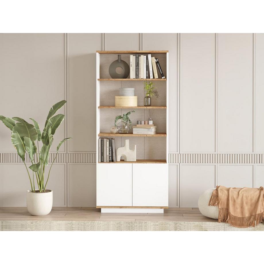 Vente-unique Bibliothèque avec 2 portes et 4 niches - Blanc et naturel - LOTULA  