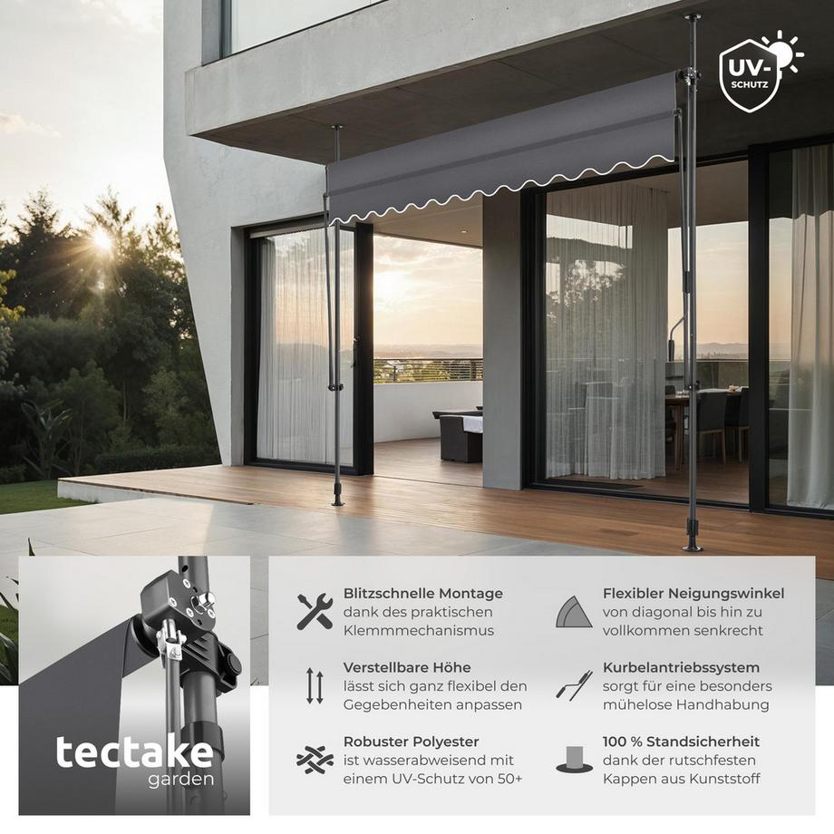 Tectake Klemmmarkise  mit Handkurbel UV-beständig  