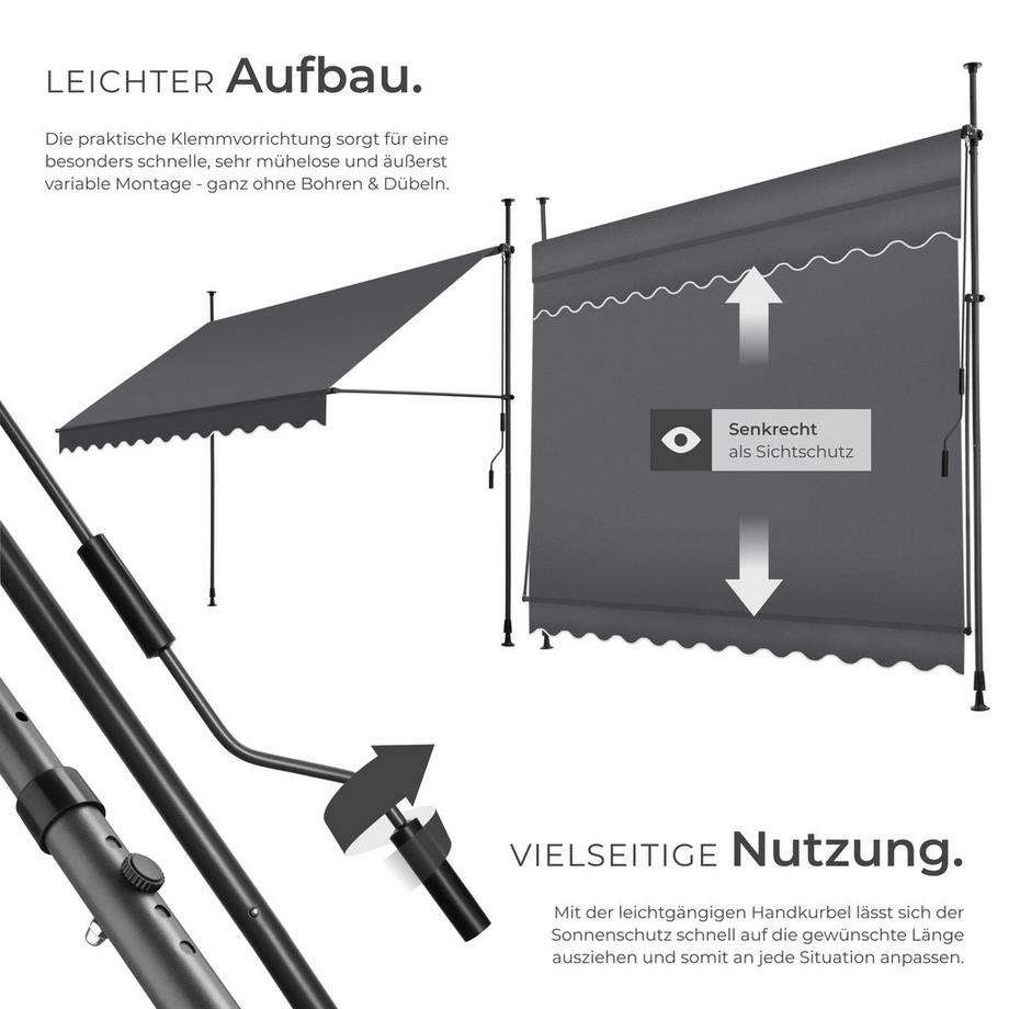 Tectake Klemmmarkise  mit Handkurbel UV-beständig  