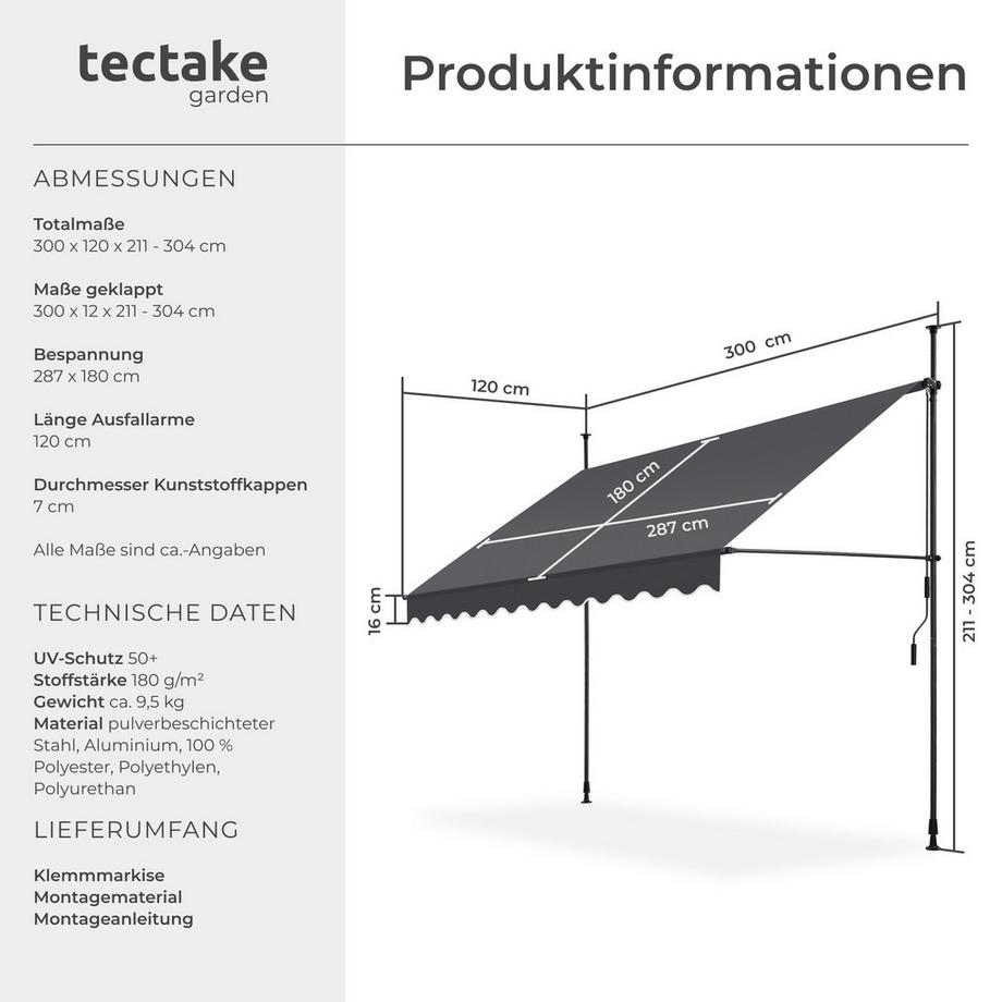 Tectake Klemmmarkise  mit Handkurbel UV-beständig  
