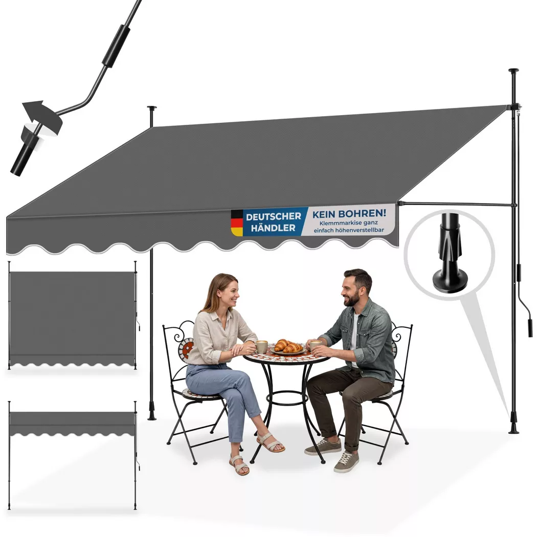 tectake® Klemmmarkise mit Handkurbel, ohne Bohren, UV-beständig, bis 90° neigbar, wasserabweisend