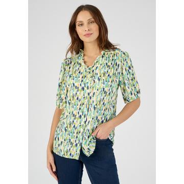 Geblümte Jacquard-Bluse mit Reliefstruktur, V-Ausschnitt mit Volants, Schulterpasse angerüscht.