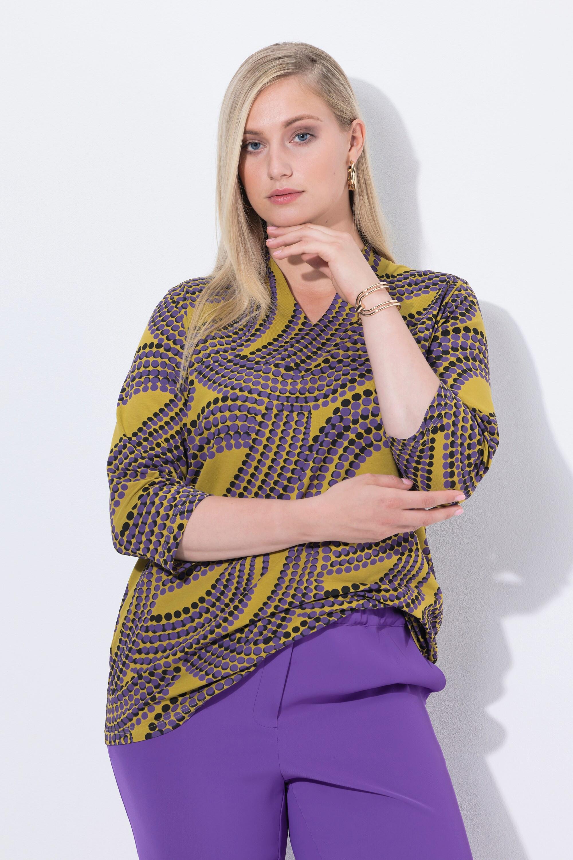 Ulla Popken T-shirt à pois Col Jabot Encolure V Manches 3/4  