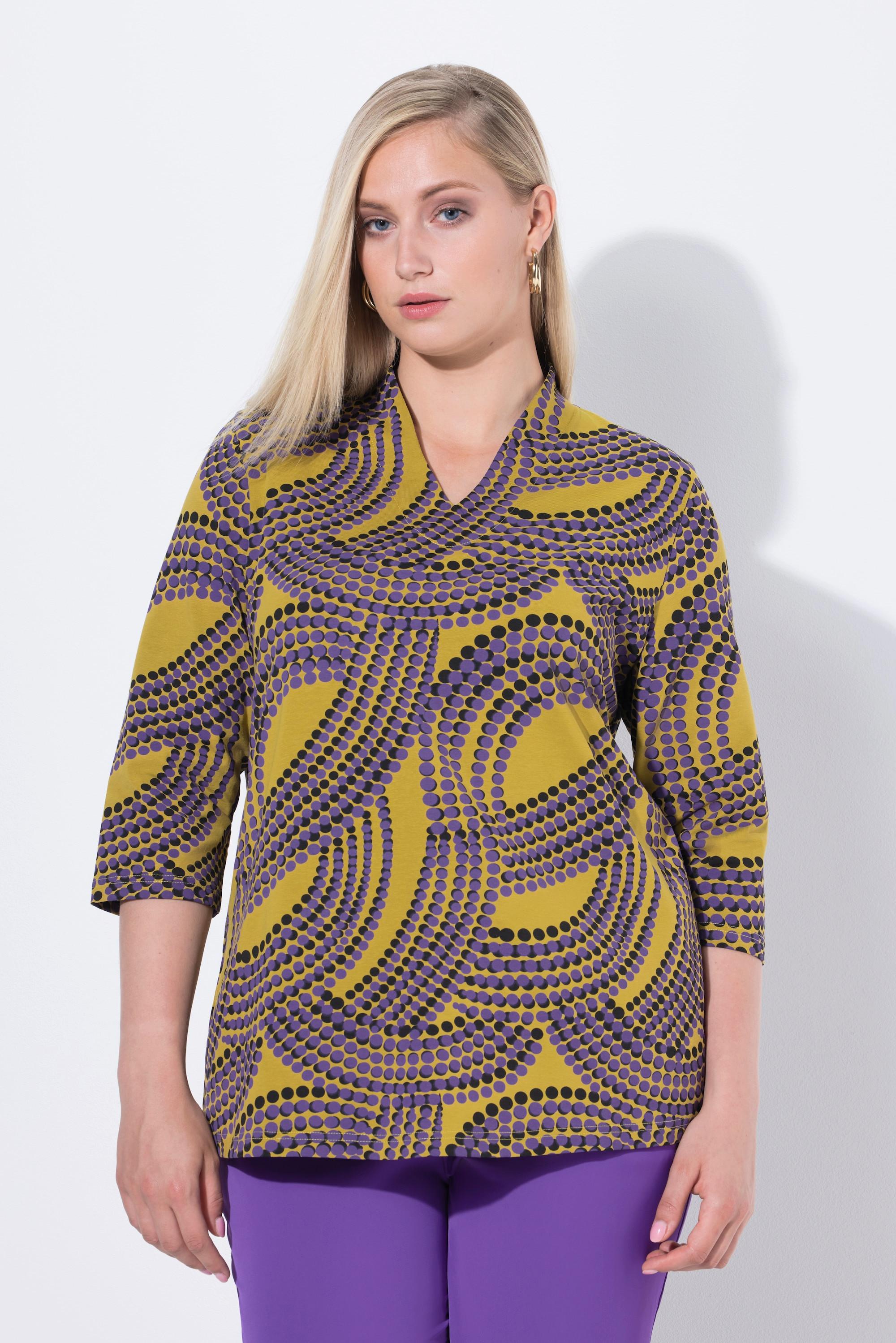 Ulla Popken T-shirt à pois Col Jabot Encolure V Manches 3/4  