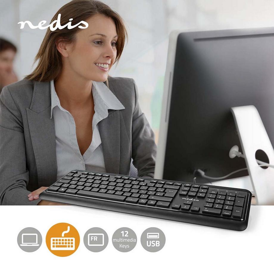 Nedis  Tastiera Tag cablata | USB-A | Multimedia | AZERTY | Layout FR | Tastiera numerica 