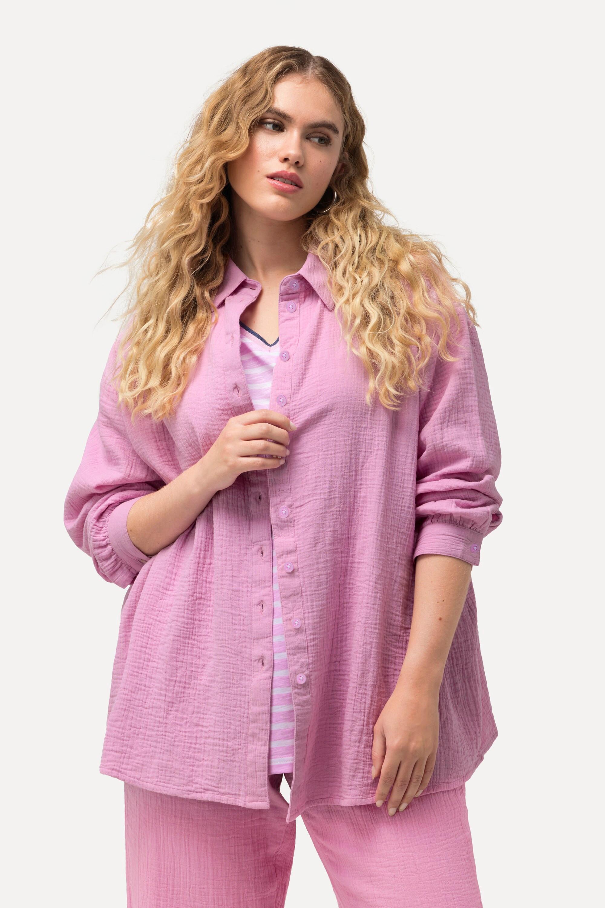 Ulla Popken  Chemisier oversize en mousseline, col chemise et manches longues 