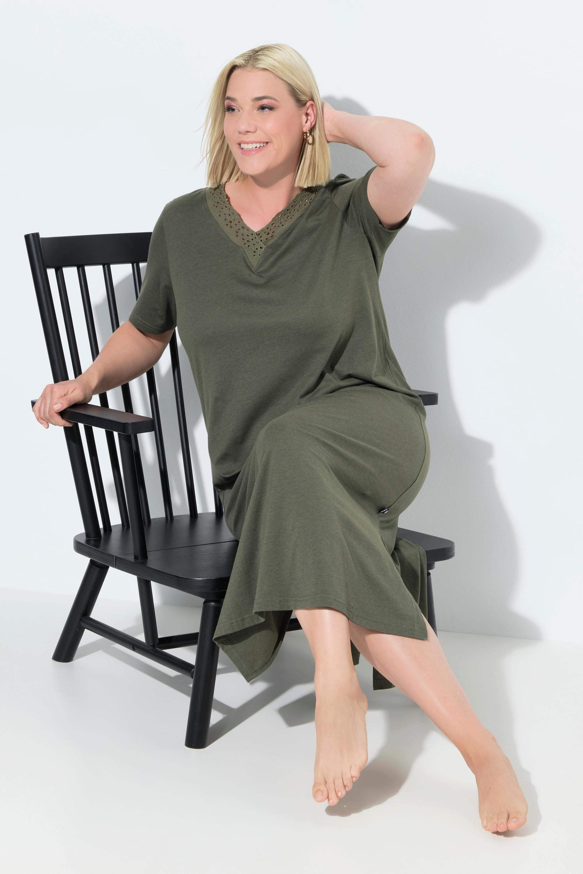 Ulla Popken Camicia da notte Ricami Traforati Scollo a V Mezza Manica  