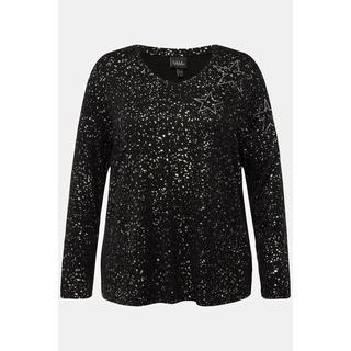 Ulla Popken  Sweat-shirt à col en V et manches longues, motif étoile dans l'esprit de Noël 