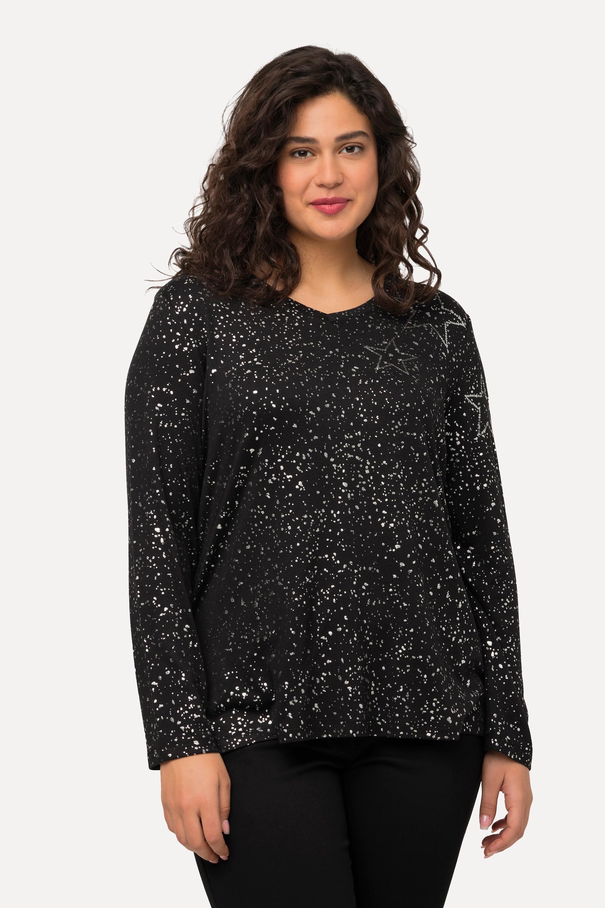 Ulla Popken  Sweat-shirt à col en V et manches longues, motif étoile dans l'esprit de Noël 