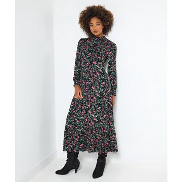 Midikleid aus Jersey mit hohem Kragen, Rüschen und Winterblumen