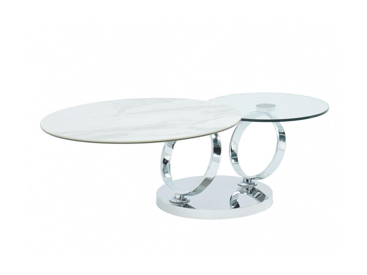 Vente-unique Table basse avec plateaux pivotants JOLINE Céramique verre trempé Effet marbre  