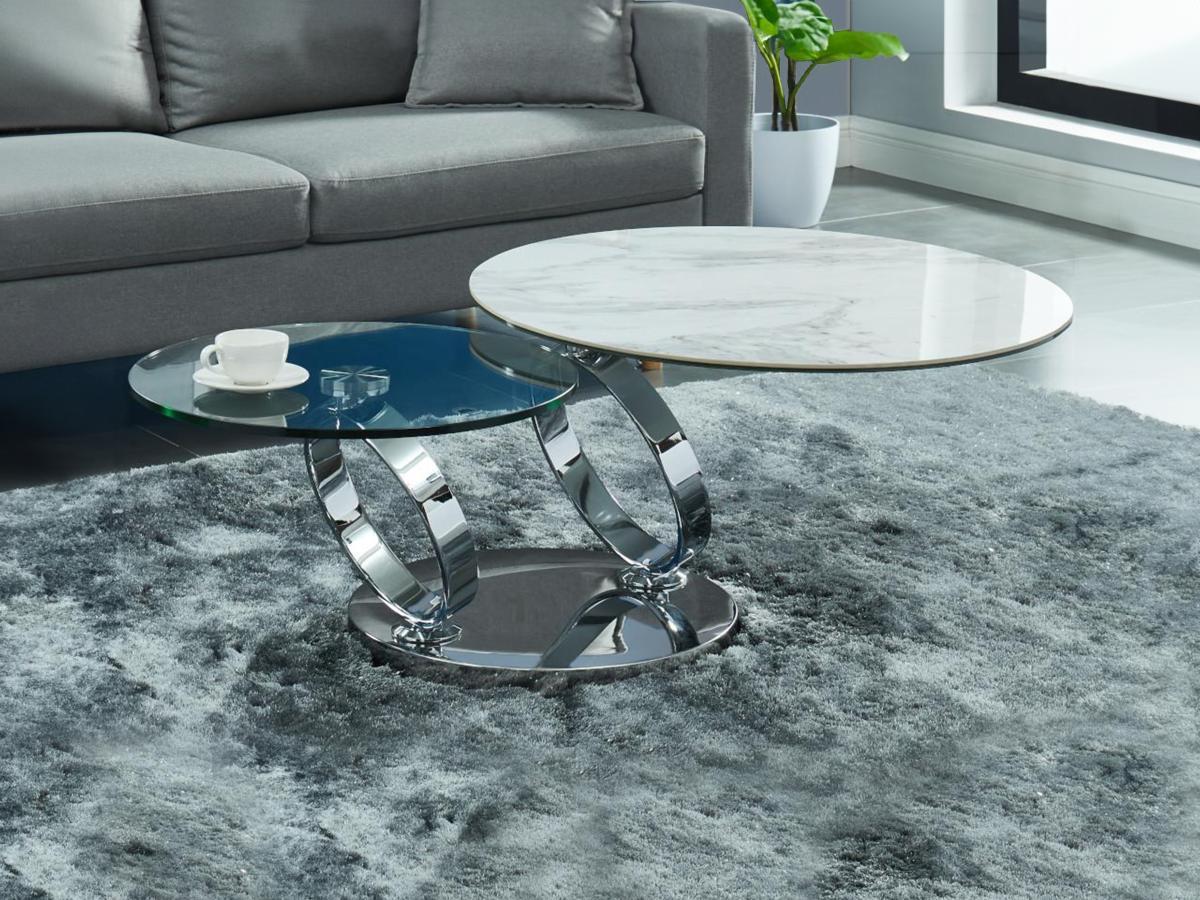 Vente-unique Table basse avec plateaux pivotants JOLINE Céramique verre trempé Effet marbre  