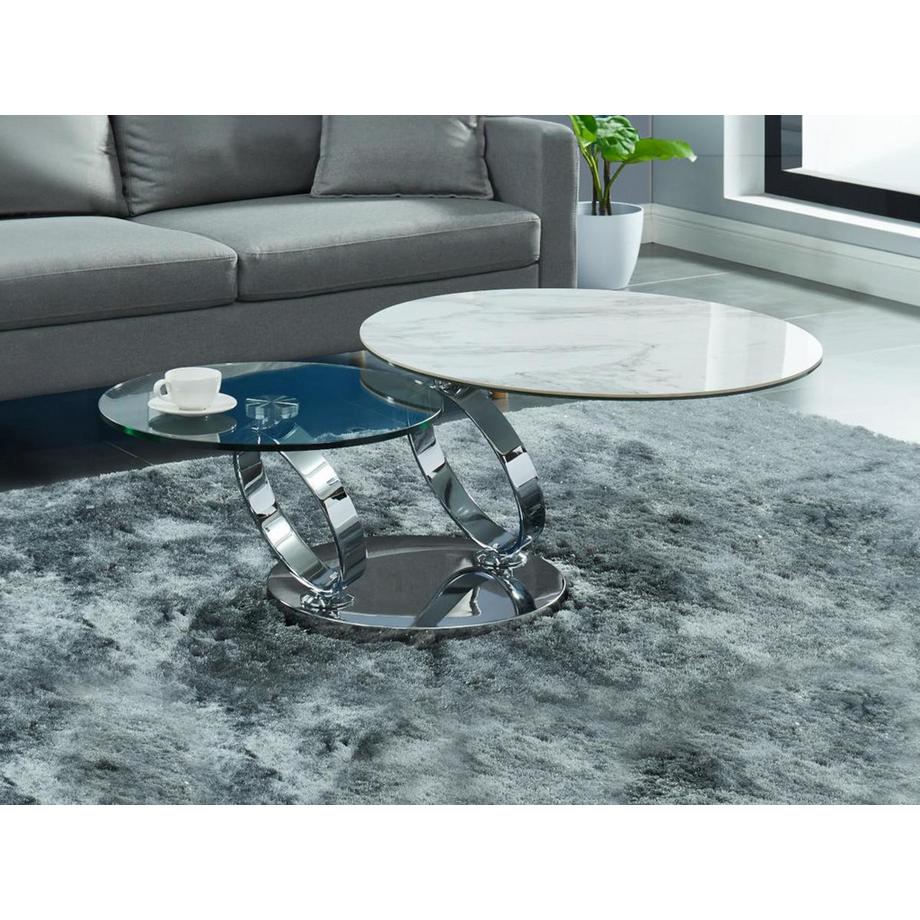 Vente-unique Tavolino con piano girevole Ceramica e vetro temperato Effetto marmo Bianco JOLINE  