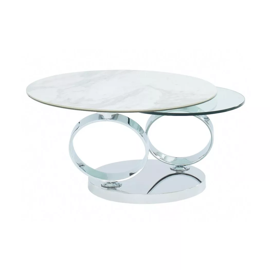 Vente-unique - Table basse avec plateaux pivotants JOLINE Céramique verre trempé Effet marbre, One Size, Transparent