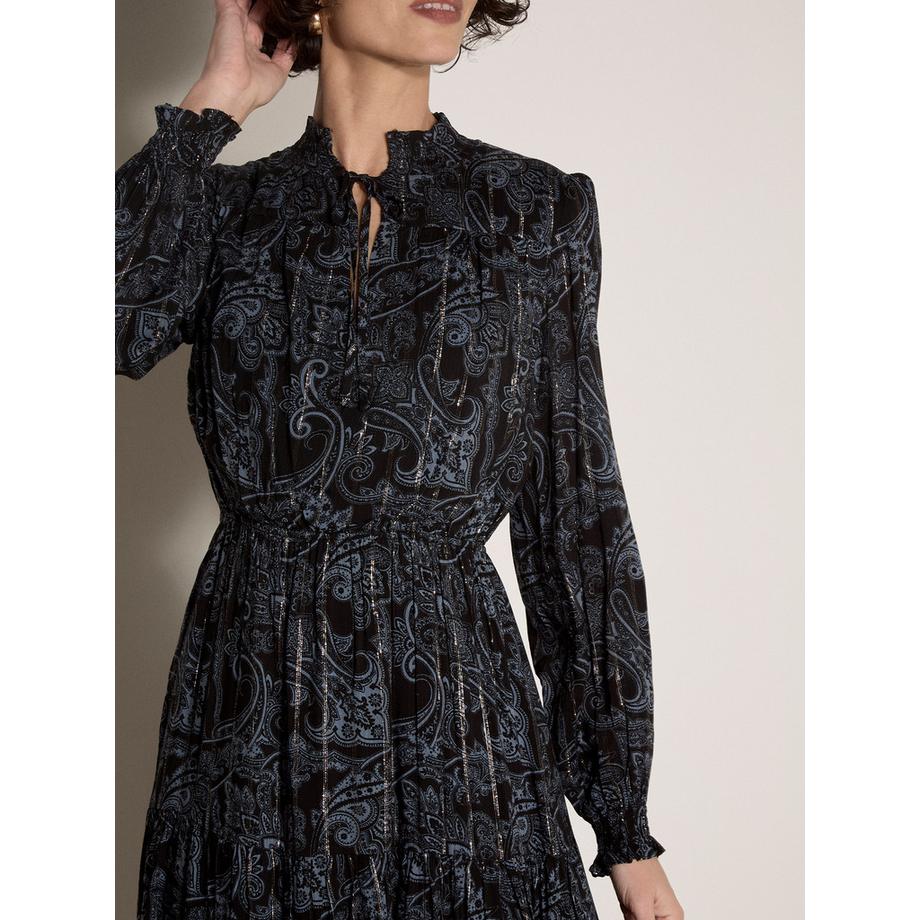 APRICOT Robe mi-longue à motif paisley brillant métallique et ourlet étagé  