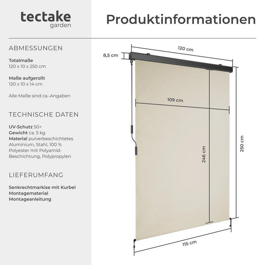 Tectake Senkrechtmarkise Eloise verschiedene Größen UV-beständig und wasserabweisend  