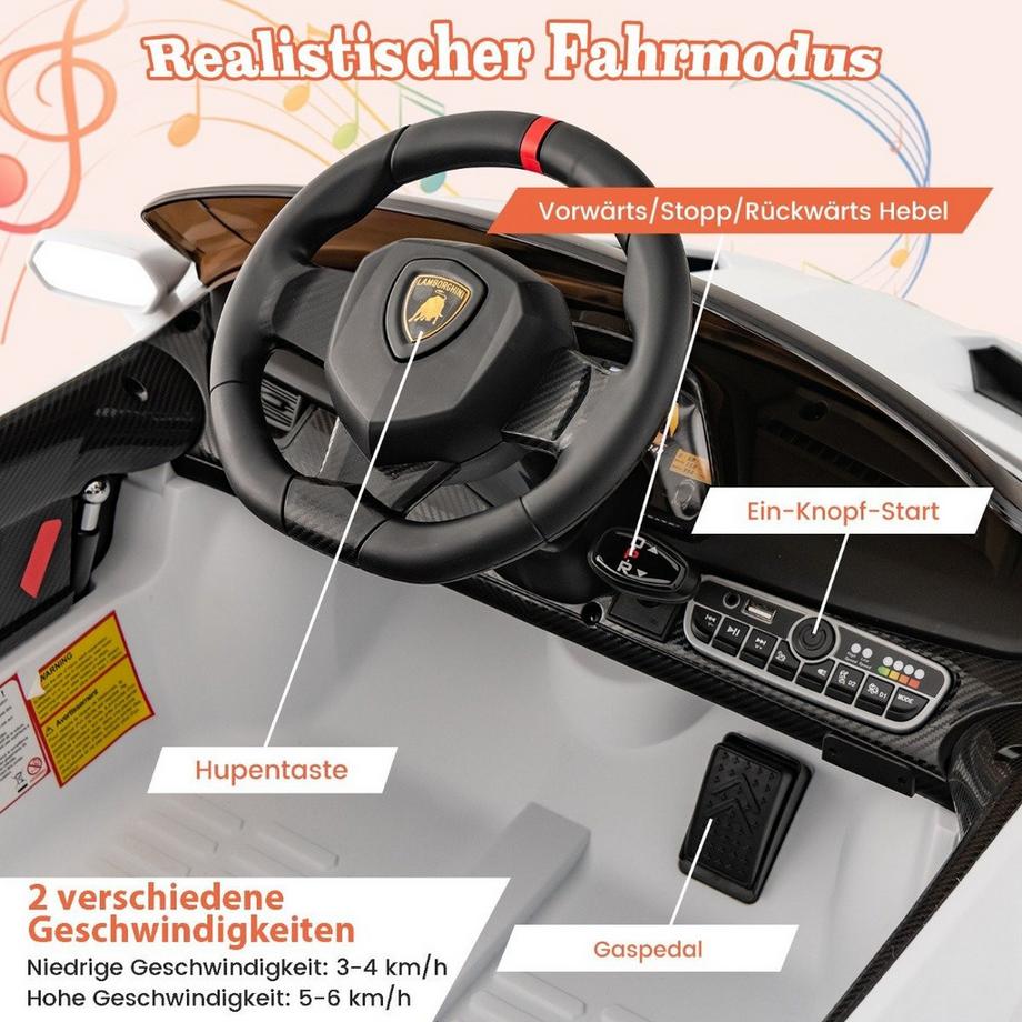 Northix  Voiture électrique Lamborghini pour enfants avec télécommande, phares LED, klaxon et musique blanche 