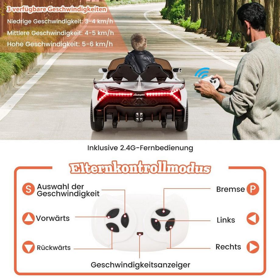 Northix  Voiture électrique Lamborghini pour enfants avec télécommande, phares LED, klaxon et musique blanche 