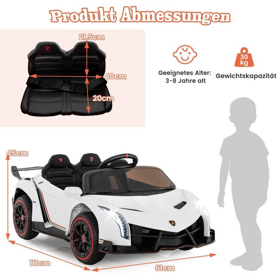 Northix  Voiture électrique Lamborghini pour enfants avec télécommande, phares LED, klaxon et musique blanche 