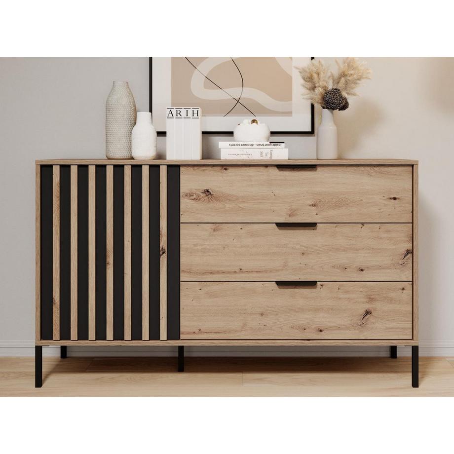 Vente-unique Ensemble lit avec chevets 160 x 200 cm + Sommier + Commode + Armoire - Coloris : Naturel et noir - ARIADA  