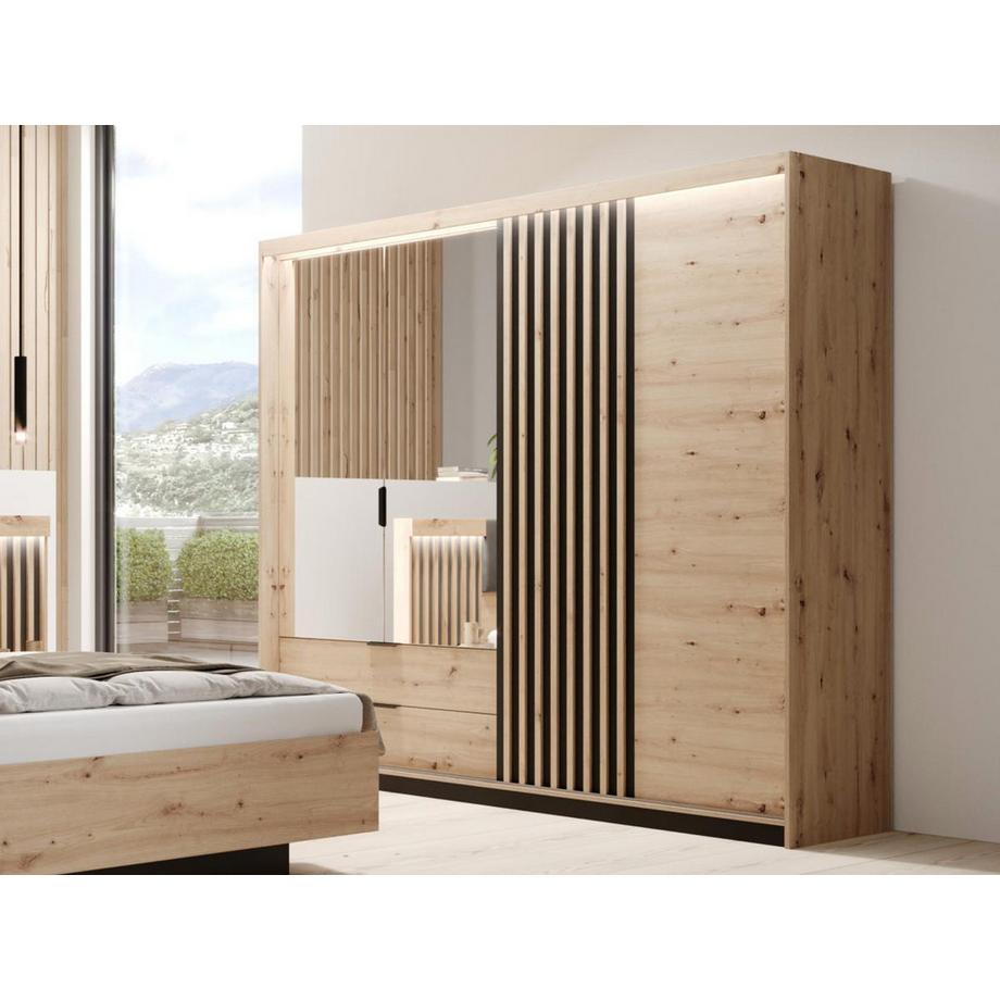 Vente-unique Ensemble lit avec chevets 160 x 200 cm + Sommier + Commode + Armoire - Coloris : Naturel et noir - ARIADA  