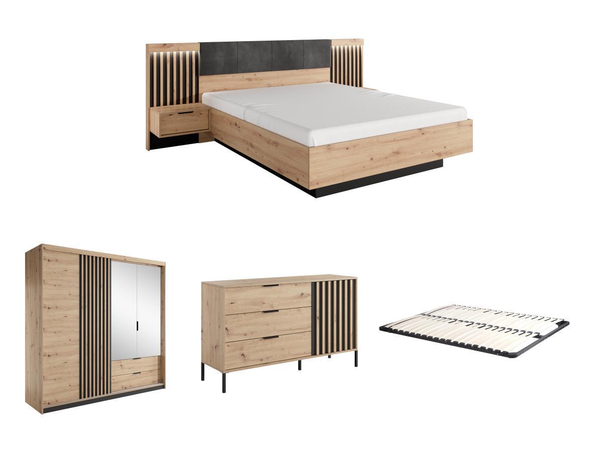 Vente-unique Schlafzimmer-Set - Bett mit Nachttischen - 160 x 200 cm + Lattenrost + Kommode + Kleiderschrank - Holzfarben & Schwarz - ARIADA  