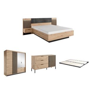 Vente-unique Schlafzimmer-Set - Bett mit Nachttischen - 160 x 200 cm + Lattenrost + Kommode + Kleiderschrank - Holzfarben & Schwarz - ARIADA  