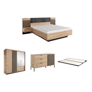 Schlafzimmer-Set - Bett mit Nachttischen - 160 x 200 cm + Lattenrost + Kommode + Kleiderschrank - Holzfarben & Schwarz - ARIADA