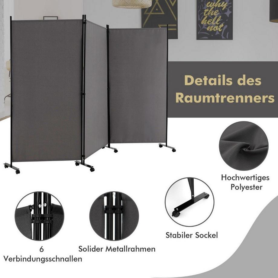 Northio Paravent de 180 cm de hauteur sur roulettes, paravent avec 3 panneaux librement combinables, gris  