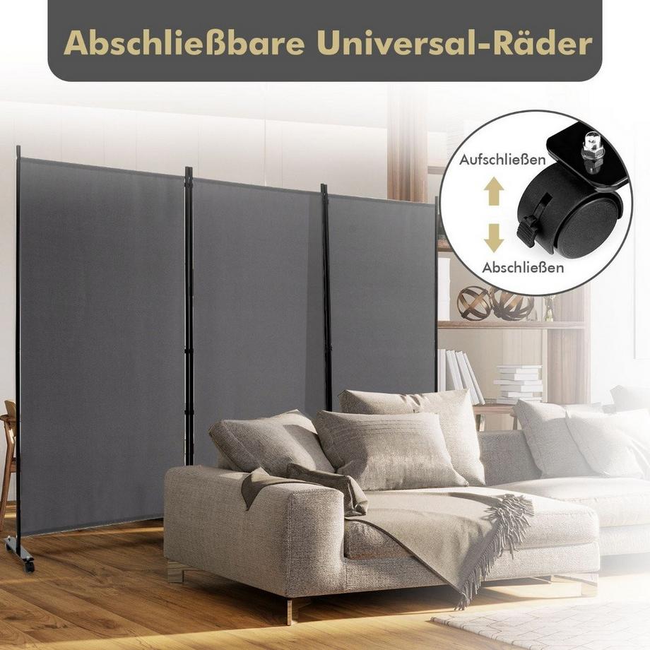 Northio Paravent de 180 cm de hauteur sur roulettes, paravent avec 3 panneaux librement combinables, gris  