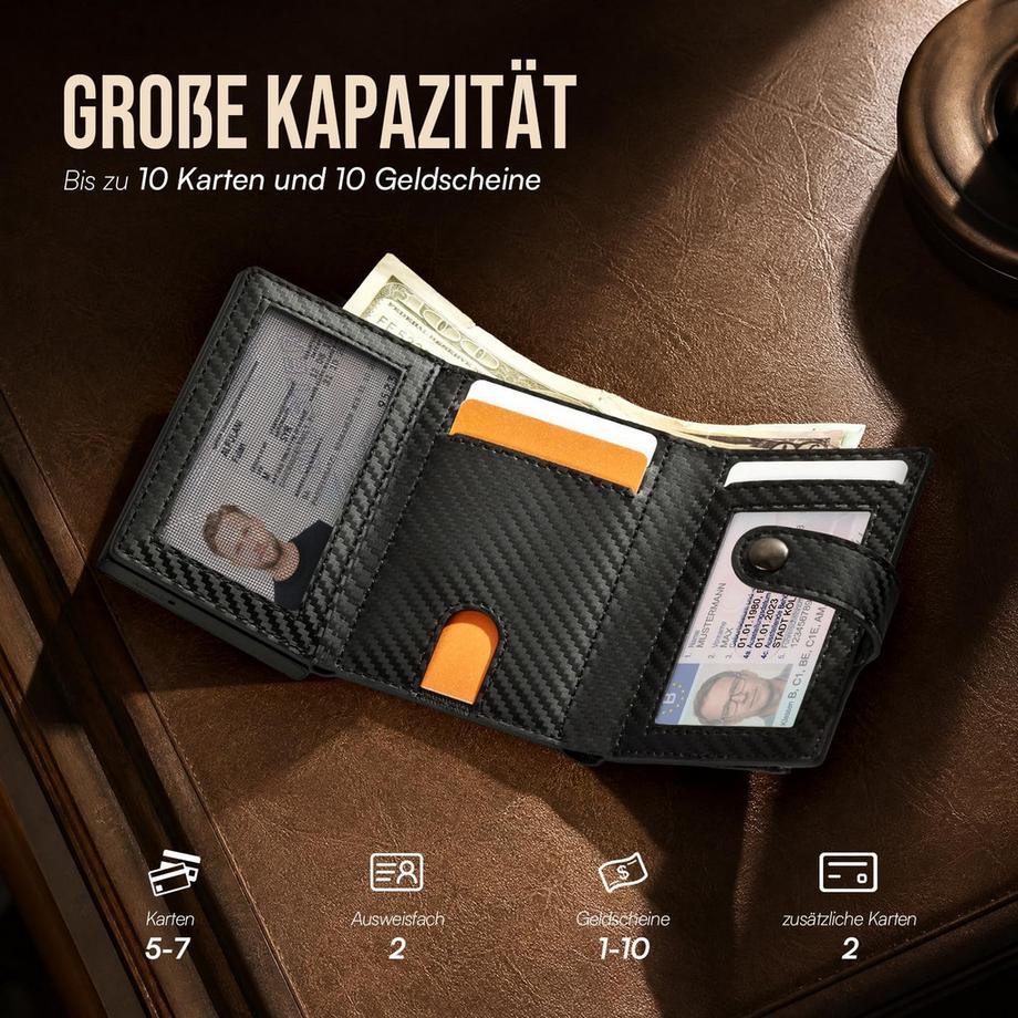 Only-bags.store Portefeuille mince avec compartiment à pièces-Portefeuille mince avec porte-cartes escamotable pour 9 cartes, 2 cartes d'identité et 10 billets  