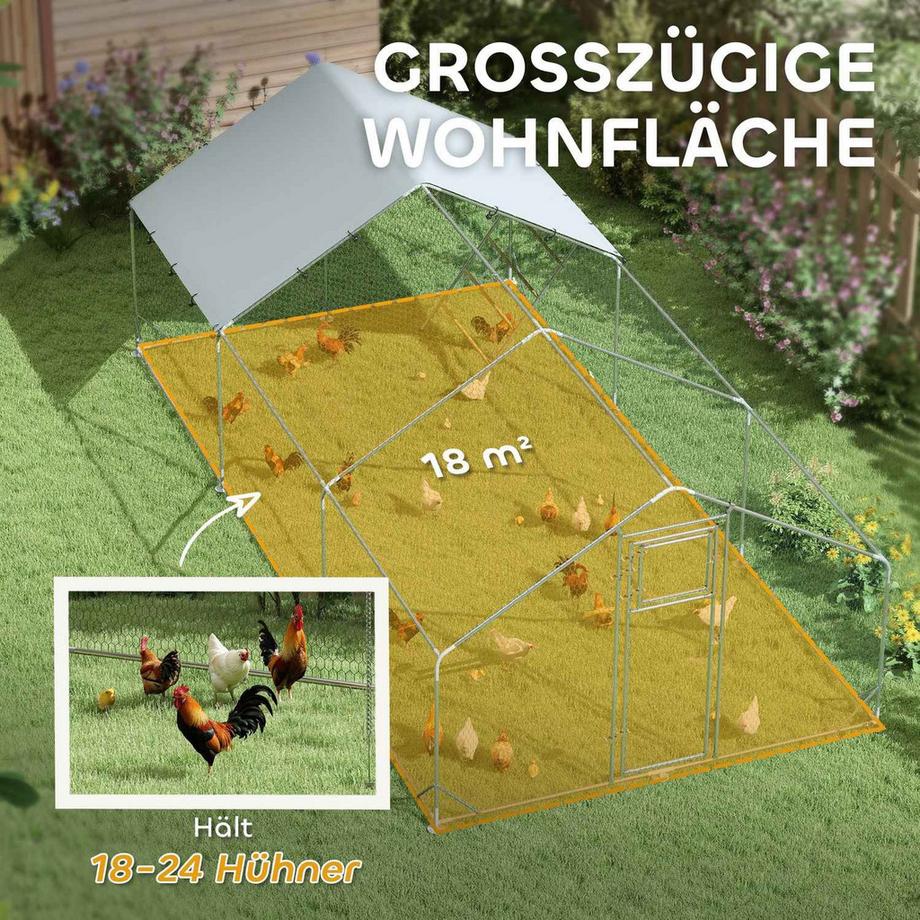 Northio  Hühnerstall Freilaufgehege aus Stahl, 300 x 600 x 195 cm Hühnerkäfig mit UV-beständiger Abdeckung, Futtertür, Hängefütterung, Sitzstange, Hühnergehege für 18-24 Hühner, Kleintiere, Silber 