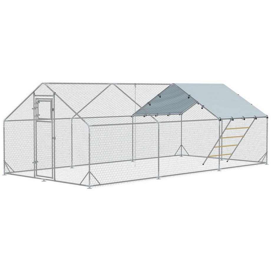 Northio  Hühnerstall Freilaufgehege aus Stahl, 300 x 600 x 195 cm Hühnerkäfig mit UV-beständiger Abdeckung, Futtertür, Hängefütterung, Sitzstange, Hühnergehege für 18-24 Hühner, Kleintiere, Silber 